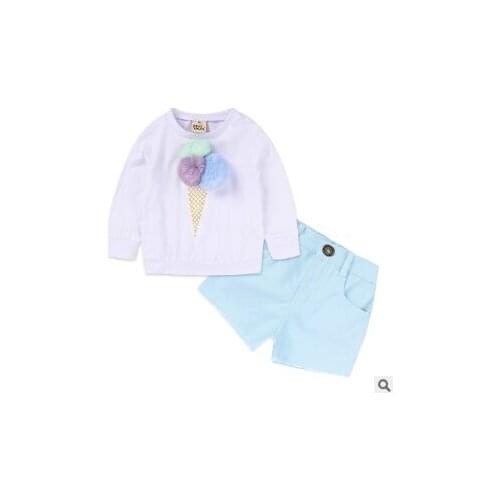 Hooyi 2 Pieces Clothes Set for Kids Girls Ice Cream Cone Pompom Shirt Cute Plush Ball Cartoon Tops Blue Denim Shorts Outfits