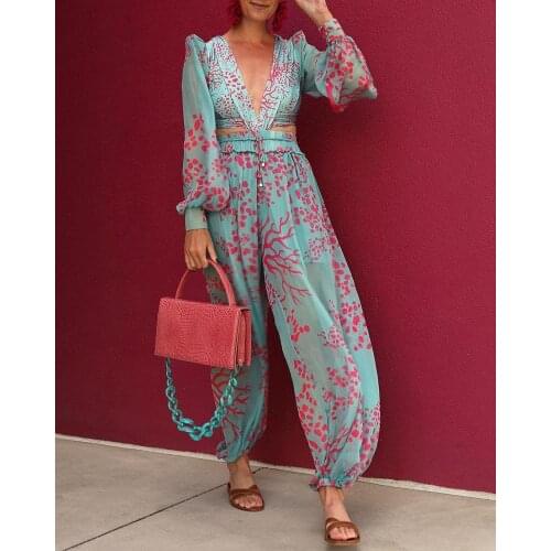 2021 Sexy V-Neck Jumpsuit Summer Long Sleeve Loose Playsuit Overalls Women Elegant Flower Print Pocket Rompers Wide Leg Pant