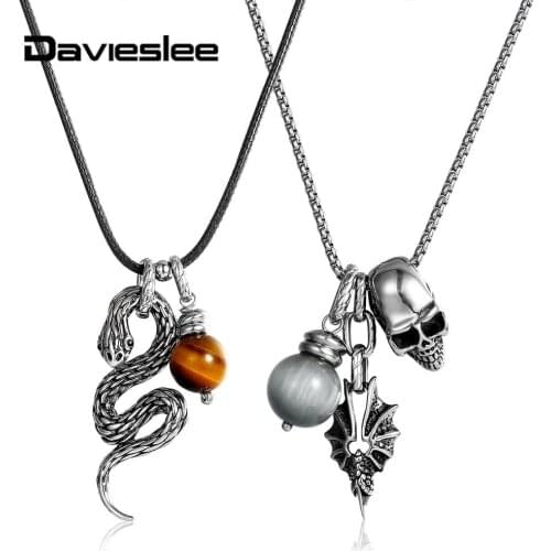 2mm Stainless Steel Box Chain Pendant Necklace for Men Women Halloween Skull Snake Pendant Charm Eagle Tiger Eye Bead