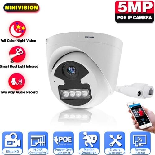 H.265 Dome POE Video Camera 5MP HD Color Night Vision Ip Night Full Color Two Way Audio CCTV Surveillance
