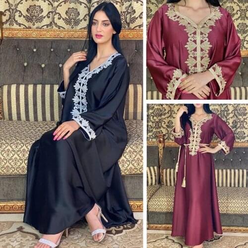 Muslim Abaya Soft Silk Satin Jalabiya Embroidery Dresses Hijab Bandage Fall African Dashiki Eid Ramadan Islamic Prayer Turkish