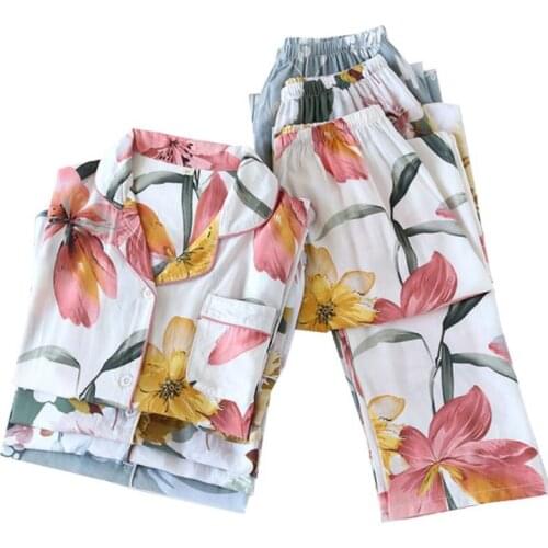 Soft Rayon Pajamas Set Full-Sleeve+Pants Women Spring Summer Thin Lapel Cardigan Cotton Satin Ladies Household Floral Sleepwear
