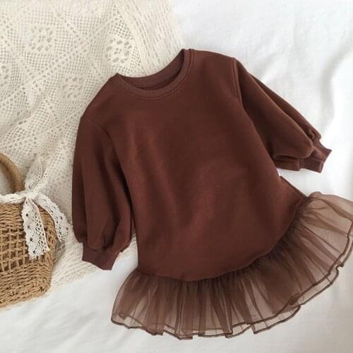 Spring and Autumn Korean baby long-sleeved sweater dress girls mesh stitching dress children princess dress children skirt