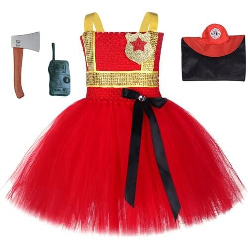 Firefighter Kids Cosplay Dresses for Girls Princess Fireman Costume Toddler Baby Girl Tutu Dress Birthday Halloween Outfit 1-14Y