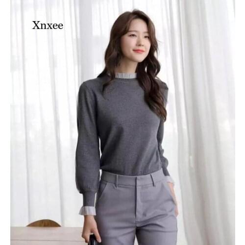 Ruffle Long Sleeve Shirts Mesh Patchwork Blous for Womens Lace Collar Neckline Knitting Sweater T-Shirt Fashion Slim Tee Tops