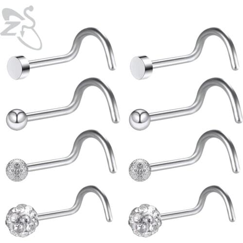 ZS S Shape Nose Stud Stainless Steel Nose Rings for Women Vintage Crystal Body Piercing Jewelry Indian Pin Studs Accessories