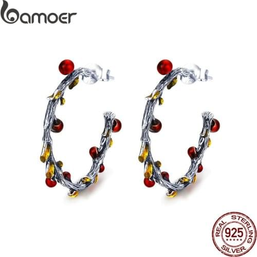 BAMOER Authentic 925 Sterling Silver Autumn Plant Withered Tree Leaves Hoop Earrings for Women Korean Earrings Jewelry SCE443