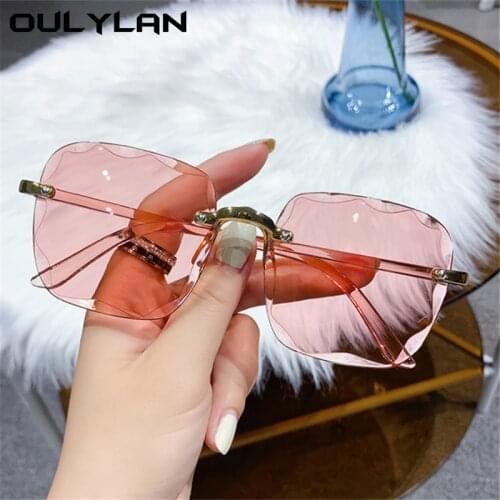 Oulylan Square Frameless Sunglasses Women Luxury Brand Designer Rimless Sun Glasses Ladies Gradient Pink Eyewear Shades UV400