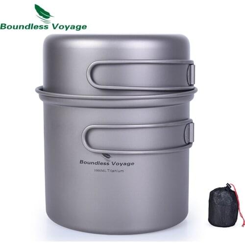 Boundless Voyage Titanium Bowl Pot Set with Folding Handle Outdoor Camping Picnic Ultralight Cooker Tableware 1000ml+500ml