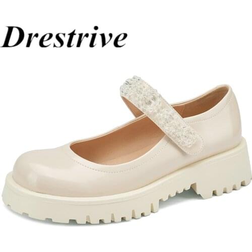 Drestrive Mary Janes Cow Patent Leather Round Toe Crystal Platform Big Size 43 Beige Women Pumps 2021 Sweet Thick Heel Shoes