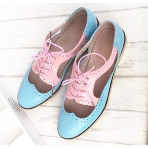 Brock Womens Oxords Shoes Cool Genuine Leather Thick Heel Baotou Lacing Flat-bottom Color Matching Hollow College Womens Shoes