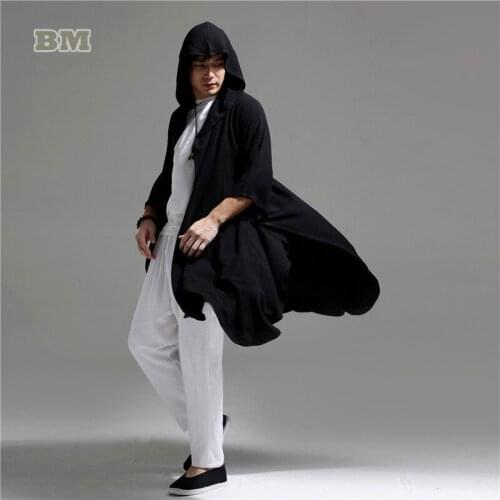 2021 Spring Autumn MenS Hooded Trench Coat Bat Shirt Sitting Suit Zen Clothes Casual Cardigan Windbreaker Long Coat Robe