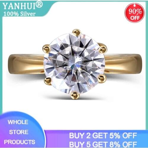 YANHUI Classic 18K Yellow Gold Color Silver 925 Ring 2ct Zirconia Diamond Solitaire Ring Engagemen Wedding Anniversary Jewelry