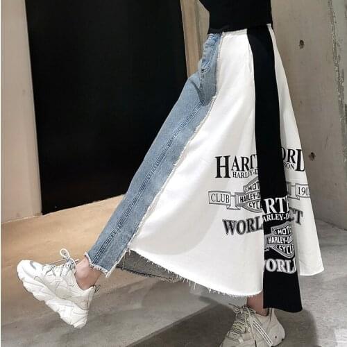 Letter Printing Patchwork Female Irregular Denim Skirt Women Loose A-line Temperament Casual Mid-length Skirts Korean Harajuku
