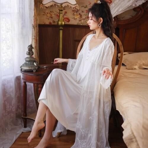 2pcs Pure Cotton Nightdress Mesh Set Women Spring Summer Sexy Lace Sling Fairy Princess Palace Style Pajamas Night Gown Home
