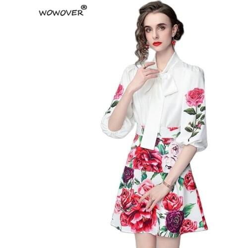 Elegant Lady Sweet Suit Summer Runway Designers Bow Collar Floral Print White Shirt and Skirt 2 Piece Dress Set Party Outfit