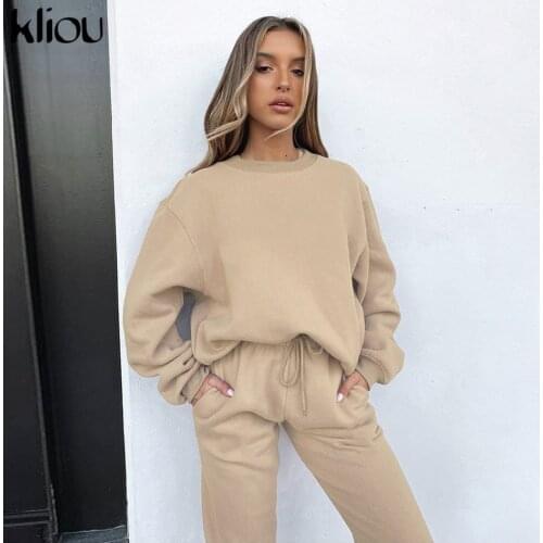 Kliou Casual Style Two Piece Set Women harajuku Early Autumn Loose Long Sleeve O-Neck Top+Elastic Waist Sporty Active Casualwear