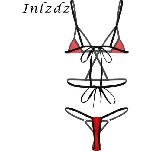 Womens Lingerie Set Strappy Lace-Up O-Ring Connected Bikini Swimsuit Adjustable Spaghetti Strap Bra Tops with G-String Briefs