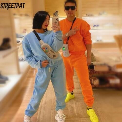 Fleece Oversize Tracksuit Women Harajuku Loose Sweatshirts Sweatpants Outfits Print Wide Leg Pants Sets Sweatsuits For Women