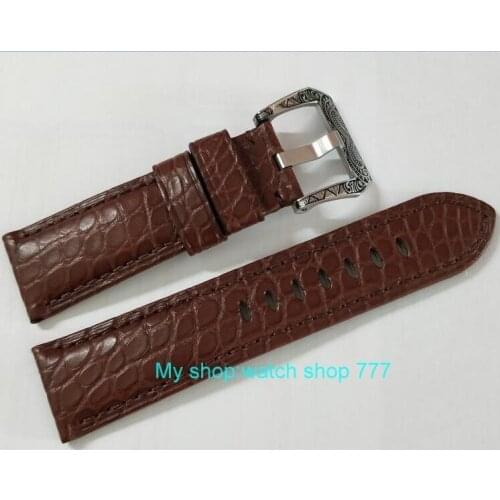 24mm Watch band strap brown crocodile Genuine leather carving pattern watch buckle 43A