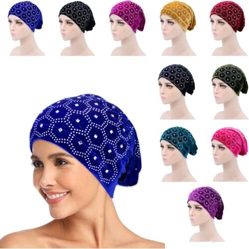 Velvet Rhinestone Jersey Inner Hijab for Women Muslim Fashion Elastic Soft Headband Turban Easy Cap Islamic Headwrap Chemo Hat