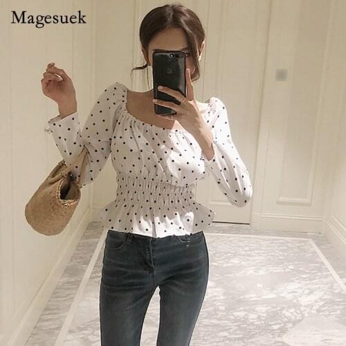 Long Sleeve White Women Blouse 2021 Polka Dot Vinatge Casual Office Ladies Shirt Tops Lace Up Slash Neck Female Blouses 13322