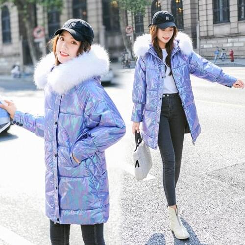 Glossy Cotton Padded Coat Women Winter Casual Warm Thick Fur Hooded Bright Long Puffer Parkas Nice Female Down Cotton Jacket