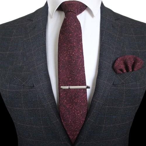 KAMBERFT Solid Color Cashmere Wool Necktie and Pocket Square Tie Clip Sets for Men 8cm Red Brown Green Gray For Men Wedding Tie