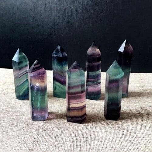 Natural Fluorite Crystal Rainbow Striped Fluorite Quartz Crystal Hexagonal Point Faceted Prism Wand for Healing Home Decor