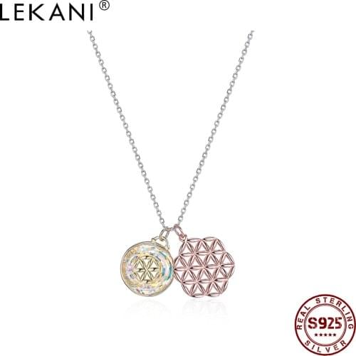 LEKANI 925 Sterling Silver Necklace For Female Lucky Flower With Transit Crystal Tricolor Pendant Necklace Girl Fine Jewelry