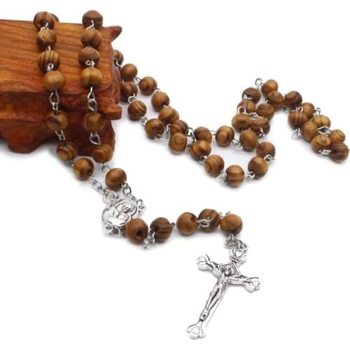 Retro Wooden Rosary Beads Necklace for Women Cross Jesus Pendant Religious Christian Jewelry Gifts
