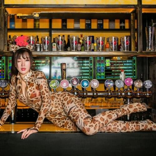 Sexy Women Leopard Print Zipper Open Crotch Body Stockings Mesh Gauze Wild Bodysuit Sexy Costumes with Cute Cat Ear Headdress