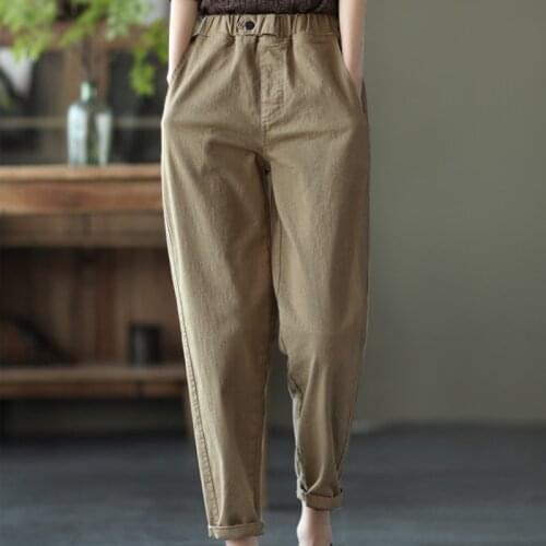 100% Cotton Pants Women Autumn Large Size Solid Khaki Color Harem Pants Elastic Waist Loose Casual Womans Ankle-length Trousers