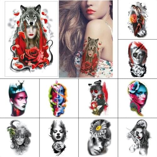 Women temporary tattoo flower human face snow fox butterfly araneid watercolor tattoo black white waterproof temporary tattoos