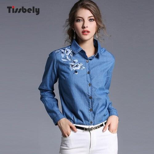 Tissbely Long Sleeve Turn Down Collar Denim Shirt Women elegant Slim Fit Embroidery Lapel Jeans Shirt for Office Lady and Casual