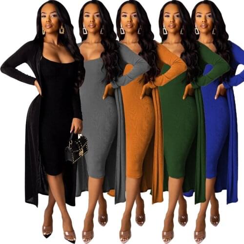 Echoine two piece set women Sexy deep V silver fox long jacket maxi sling dresses suits female casual sexy clothes tracksuit