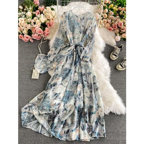 Spring Autumn Bohemian Printed Long Dress Women Elegant Round Neck Long Sleeve Slim A-Line Big Swing Maxi Vestidos Female New