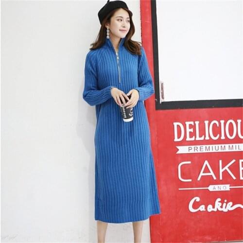 Elegant Half Turtleneck Autumn Winter Warm Knitted Women Dress Vintage Loose Sweater Dresses Ladies knit Mid Dress Female