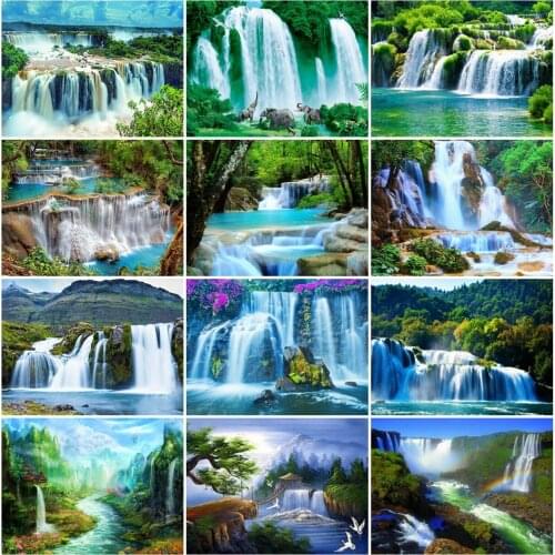 AZQSD Diamond Painting Waterfall Mountain Cross Stitch Needlework Diamond Embroidery Landscape Mosaic Rhinestones Home Decor