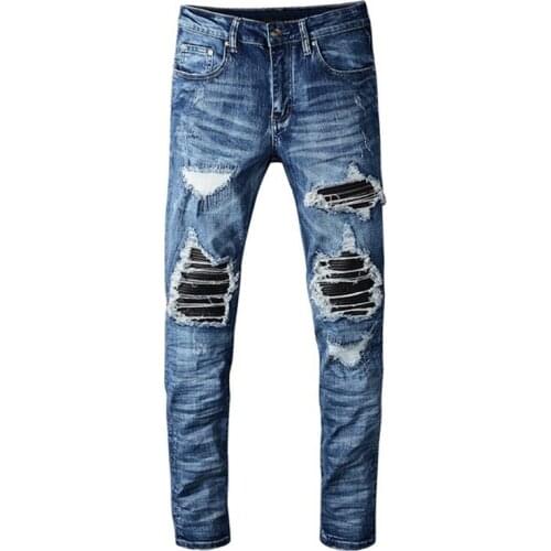 New Mens male fashion casual PU leather patchwork ripped biker jeans Patch slim skinny stretch denim pants trousers