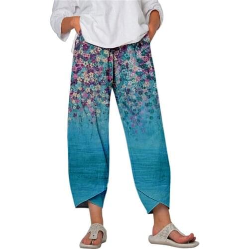 Womens Spring Summer Pants Vintage Floral Print Elastic Waist Trousers Female Casual Loose Beach Wide Leg Pants Autumn 2021 Pant