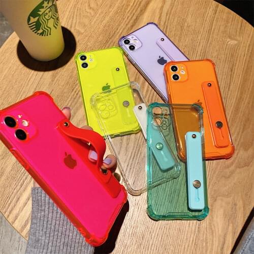 Wrist Strap Fluorescent Color Phone Case For iPhone 12 11Pro Max XR XS Max X 7 8 Plus Shockproof Frame Transparent Cover Coque
