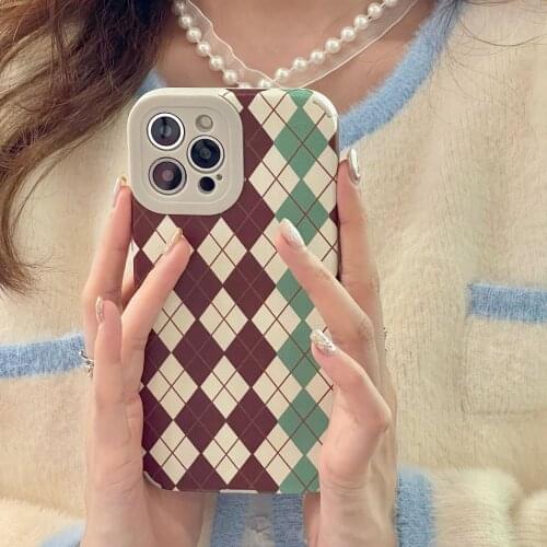 Retro Autumn Winter Diamond Plaid geometry Phone Case For iPhone 11 12 Pro Max Xs Max XR X 7 8 Plus 7Plus case Cute Soft Cover