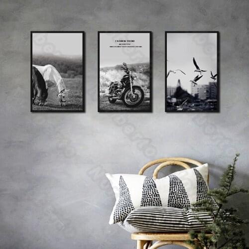 Black and White Pictures Canvas Painting Wall Poster Horses Motorcycle Pigeons for Living Room Bedroom Restaurant Wall Decoratio