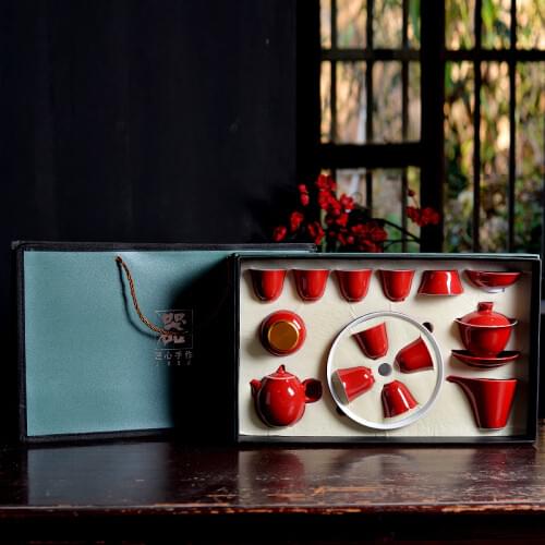 Chinese tradition wedding ceremony ceramic tea set cover bowl tea pot cup red teapot teacup family teaware gift box
