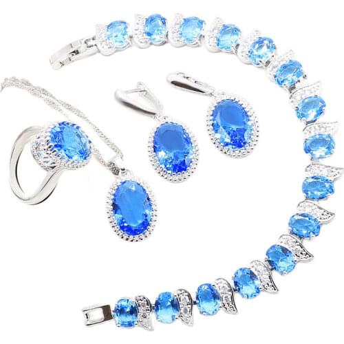 Sky Blue Silver 925 Jewelry Set Earrings Ring Necklace Bracelet Set Bridal Jewelry Factory Free Shipping