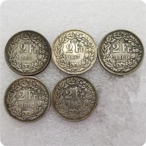 1850A,1857B,1860B,1862B,1863B Switzerland 2 Francs COINS COPY
