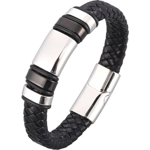 Trendy Mens Jewelry Black Braided Leather Rope Bracelet Magnetic Buckle Bangles Punk Hip Hop Accessories Male Wrist Band PD0987