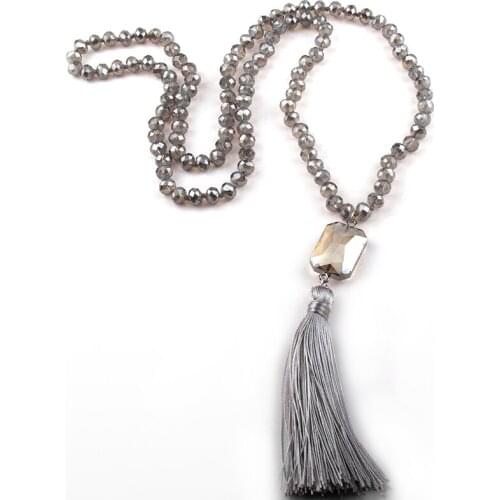 MOODPC Fashion Bohemian Jewelry Glass Crystal Knotted Glass Druzy /Crystal Link & Tassel Necklaces For Women Ethnic Necklace