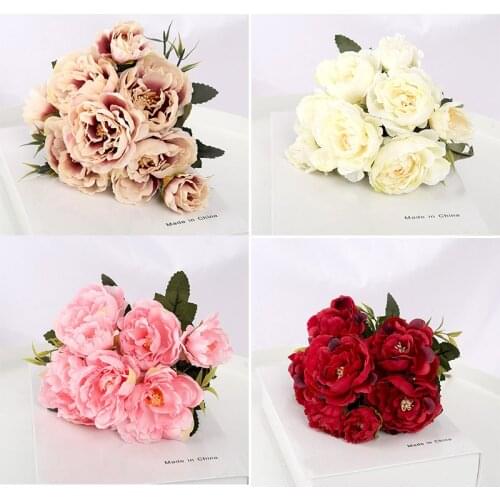 Multi-color beautiful 5 big heads 2 small buds retro peony fake flower silk flower fake bouquet family wedding DIY decoration da